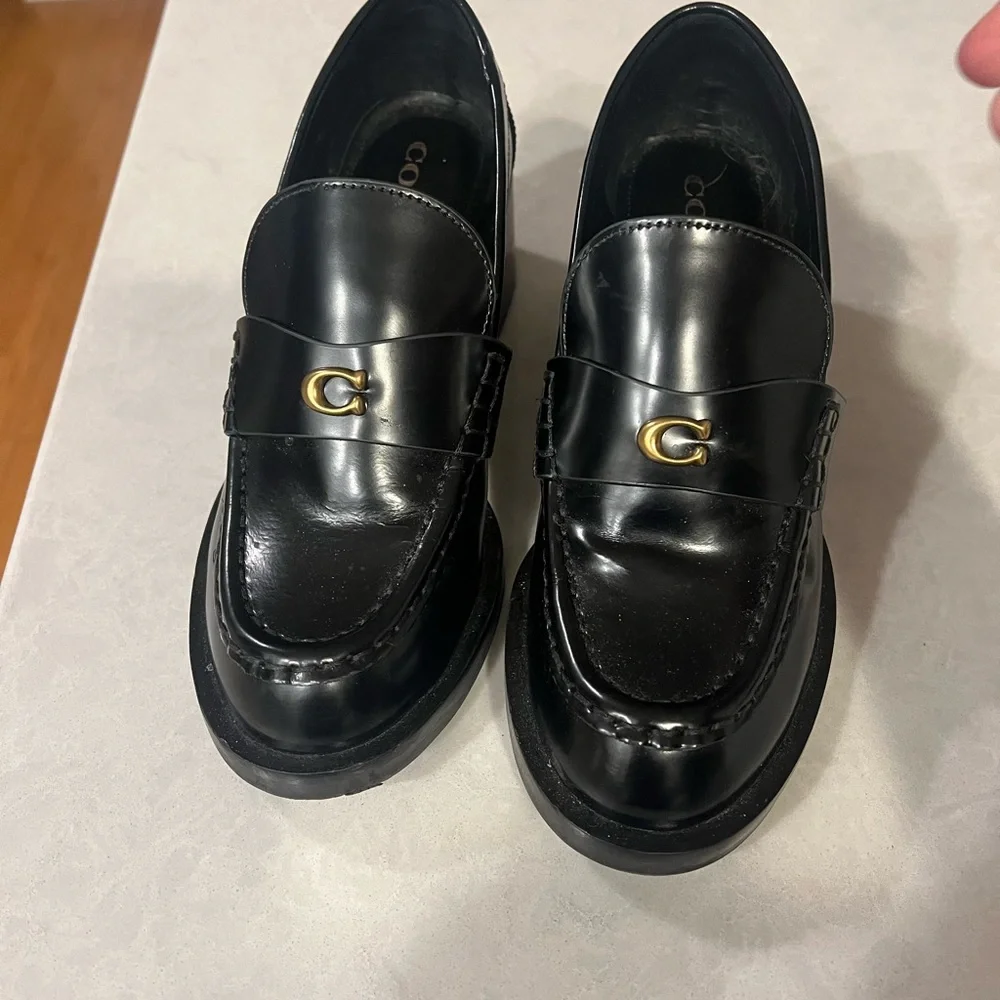 Coach Black Leather Penny Loafers with Gold Hardware - Picture 2 of 5